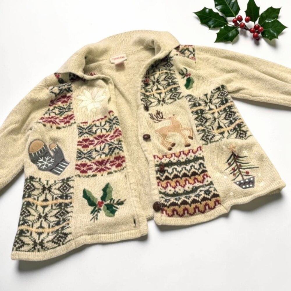 Vintage Christmas Cardigan Sweater Medium Beige Patchwork 1990s CRYSTAL KOBE